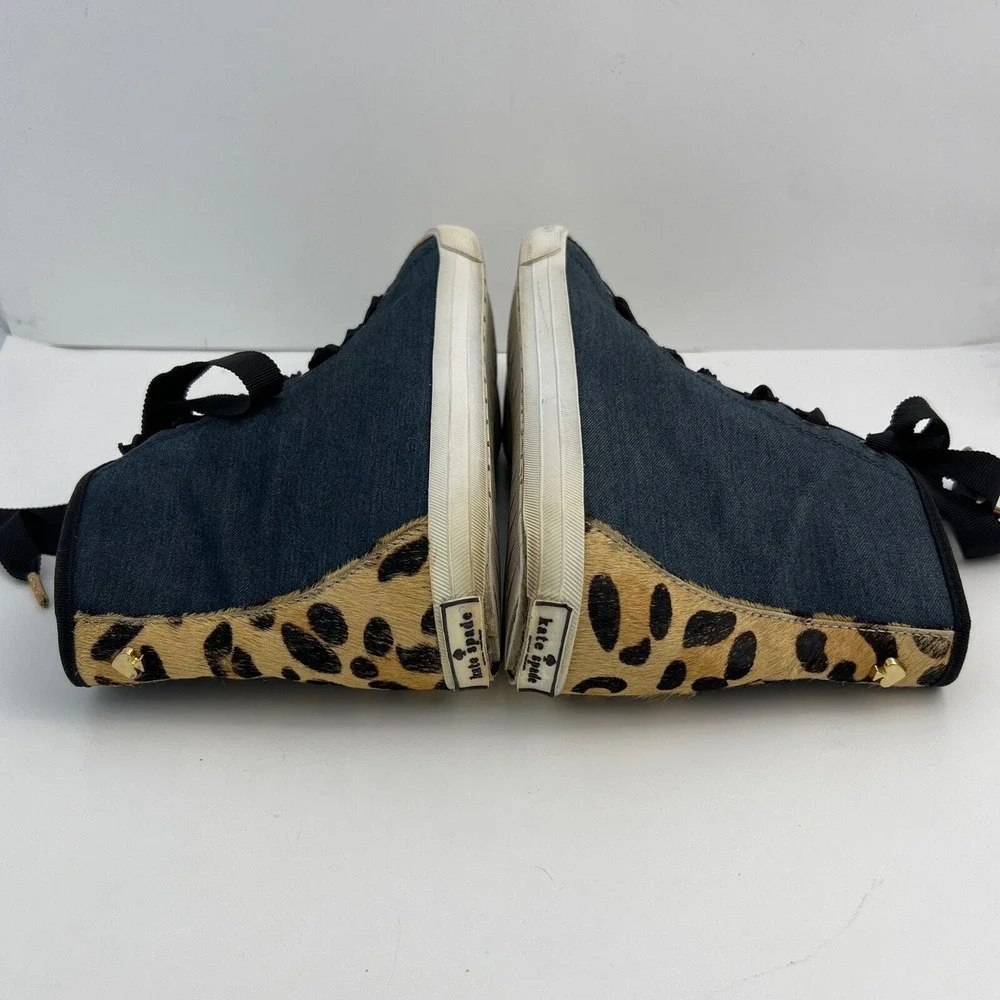 Kate Spade High Top Sneakers Navy Denim Leopard Calf Hair Womens Size 8M